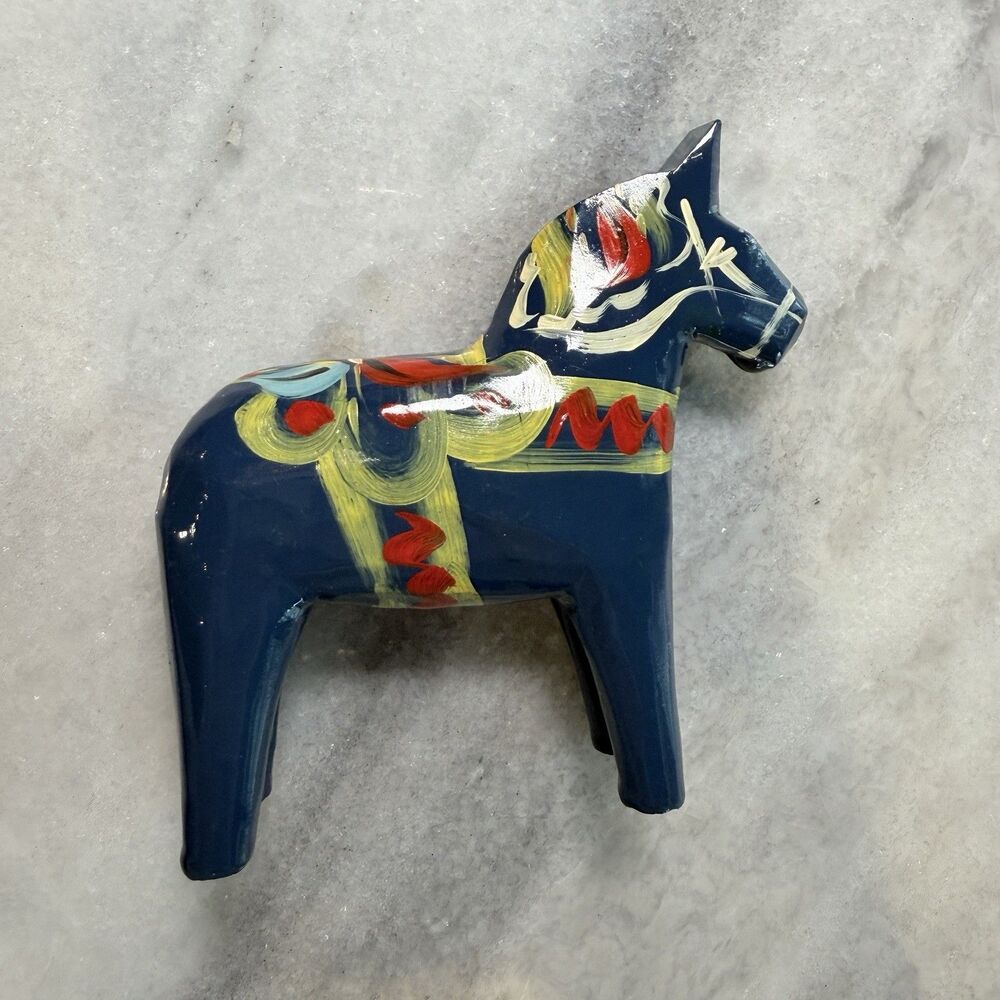Vintage Nils Olsson Blue Dala Horse Hand Painted Swedish Folk Art